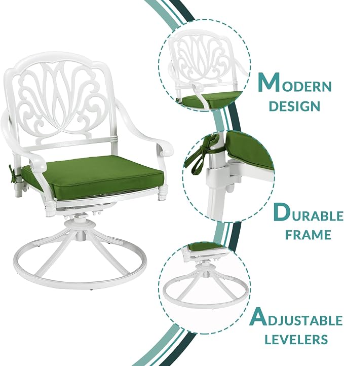 MEETWARM 9-Piece Outdoor Patio Dining Set, All-Weather Cast Aluminum Patio Conversation Set with 1 Oval Table, 2 Swivel Rocker Chairs, 6 Stationary, 8 Cushions, 2" Umbrella Hole, White