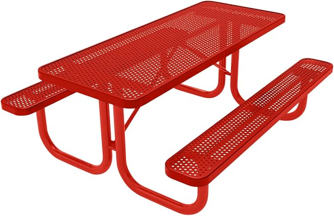 COATEDOUTDOORFURNITURE Heavy-Duty Portable Outdoor Picnic Table, Thermoplastic Coated Punched Steel Commercial-Grade Patio Furniture Made in America (6ft Rectangular, Red with Red Frames)