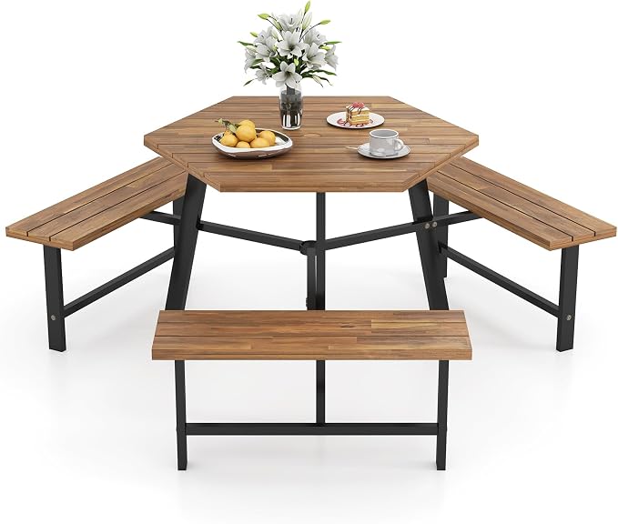 Tangkula 6 Person Acacia Wood Picnic Table, Outdoor Hexagonal Table and Bench Set with 3 Built-in Benches, Umbrella Hole & Metal Frame for Patio Backyard Garden Poolside