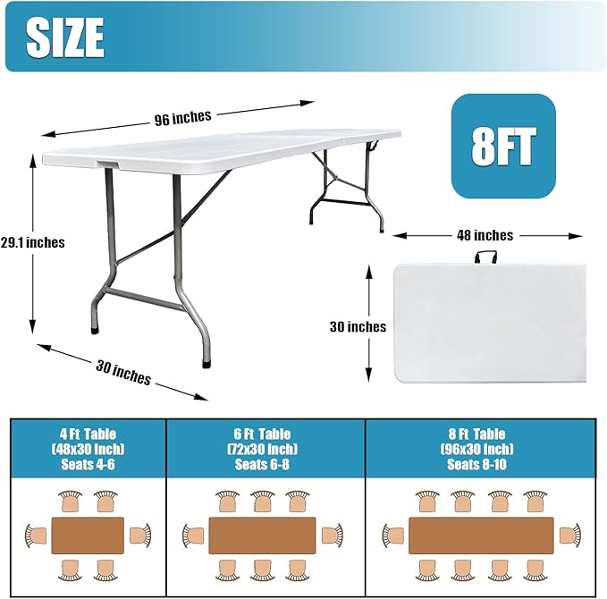 8 Foot Folding Table 8ft Foldable Portable Plastic Picnic Tables with Handle, Fold in Half Heavy Duty Long Large Utility Table, Indoor Outdoor 8' Fold up Card Tables for Party, Dining, White