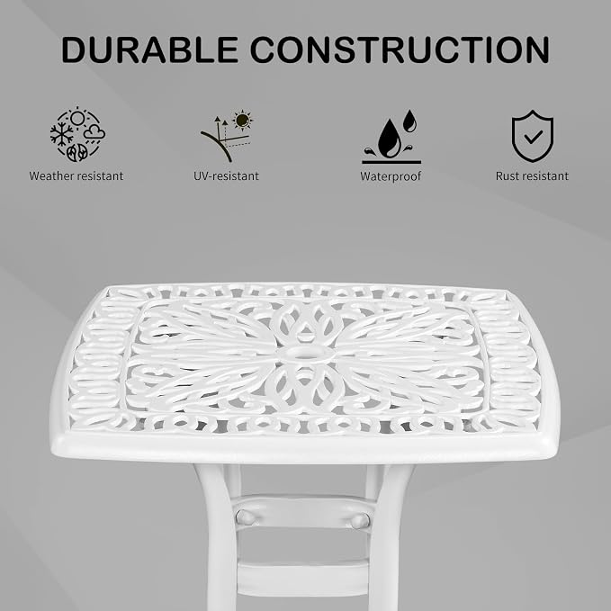 VINGLI 21” Cast Aluminum Outdoor Side Table with 1.6” Umbrella Hole, All Weather Square Patio Coffee Table Bistro Table End Table for Yard Porch Poolside(White)…