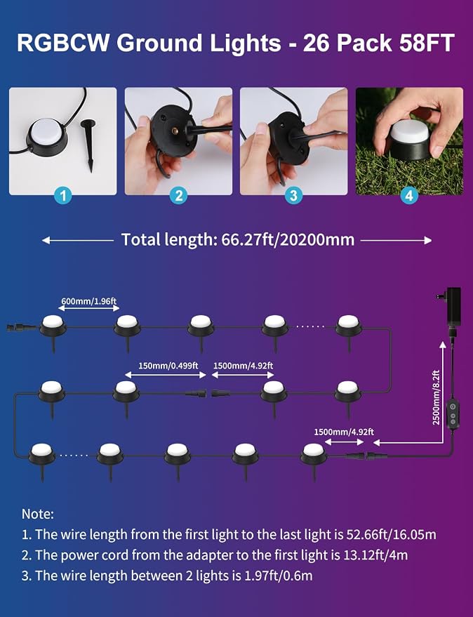Outdoor Ground Lights 26 Pack, 58FT RGBCW Pathway Lights Wired | Tunable White Landscape Lights, DIY Scene Modes, IP65 Waterproof, for Path Yard Lawn Patio, Holiday Decor, App/Remote Control