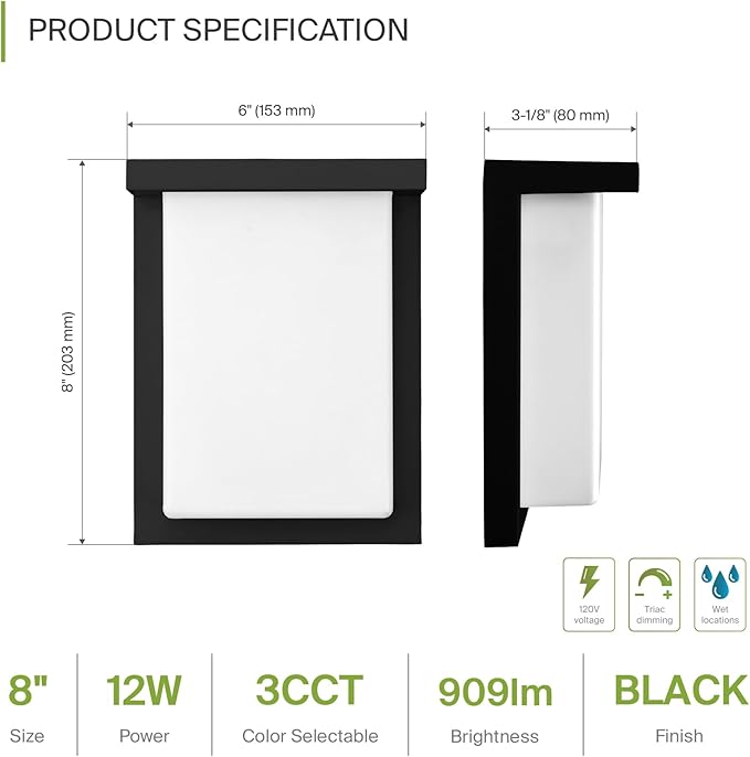 ASD LED 8" Outdoor Wall Light, Front Door House Sconce | 3CCT, Dimmable, Waterproof, ETL Listed | 12W 900LM 3000-5000K 120V | Exterior Patio Lighting Fixture, Flush Mount Porch Lamp | Black