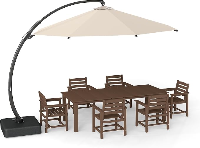 HDPE 7-Piece Outdoor Dining Set with 11FT Umbrella, White | All-Weather Patio Table and Chairs for 6, Fade-Resistant Patio Furniture Dining Set for Lawn, Garden, Deck, Backyard