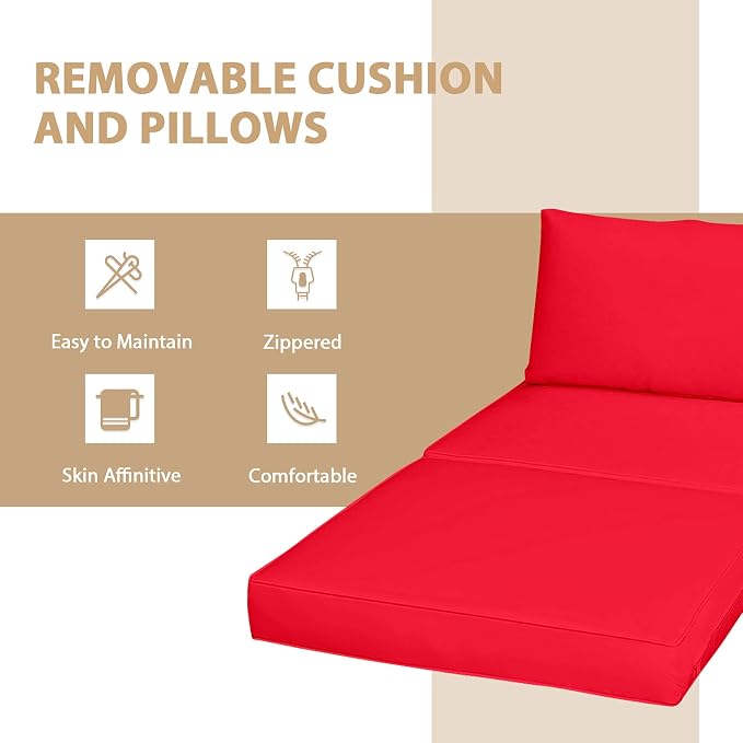DORTALA Wicker Patio Furniture Set 5 Piece, Outdoor Conversation Sets with Chairs, Ottomans, Tempered Glass Table, Cushions, All Weather Rattan Sofa Couch for Balcony, Porch, Backyard, Deck, Red