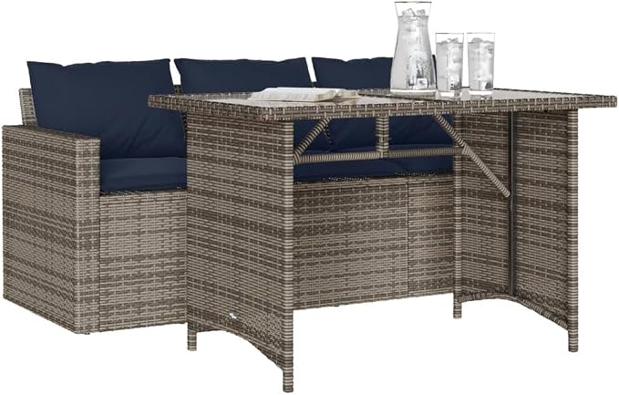 2 Piece Patio Dining Set with Cushions Gray Poly Rattan Outdoor Table and 3-Seater Sofa with Tempered Glass Weather-Resistant Garden Furniture for Backyard Deck Poolside Dining, 242. 5 lb Capacity