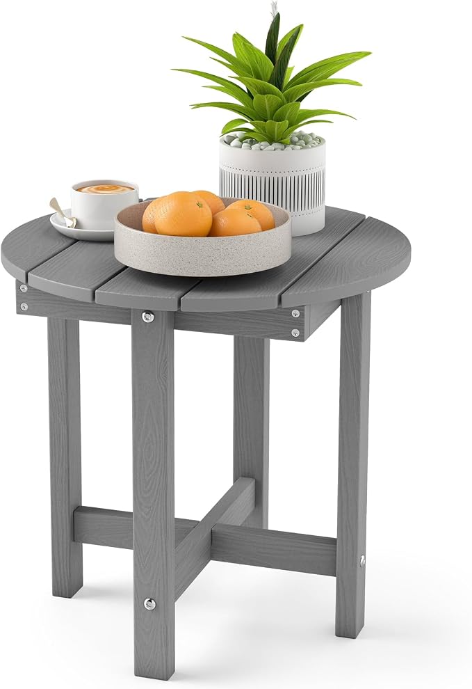 Tangkula Round Outdoor Side Table, Adirondack Side Table with Weather-Resistant, Waterproof Top, Small Outside End Table for Patio Deck Pool Porch, Easy Maintenance (Grey,1)