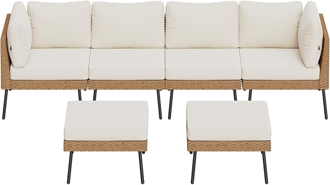 Aoxun 6 Piece Patio Furniture Set, 6 Seats Outdoor Sectional Sofas with Thick Cushion, Wicker Outdoor Patio Furniture Set with Ottomans for Party, Garden, Backyard, Beige