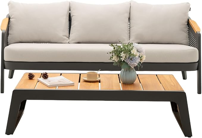 2 Pieces Patio Furniture Set Outdoor Sectional Sofas Patio Conversation Sets Aluminum Sofa Set with Teak Coffee Table & Armrests, Grey