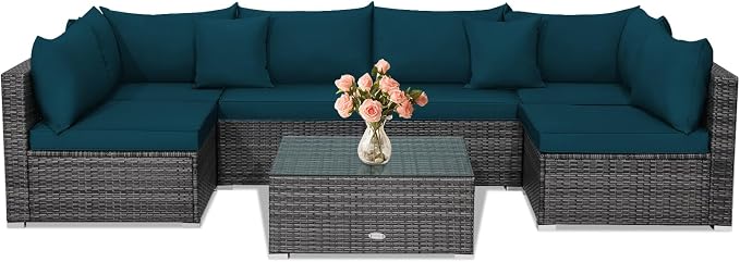 Tangkula 7 Piece Patio Wicker Furniture Set, Outdoor Rattan Sectional Sofa Set for 6 with Seat & Back Cushions, 2 Throw Pillows, Sofa Fastener Clips, for Backyard, Poolside, Deck (Peacock Blue)