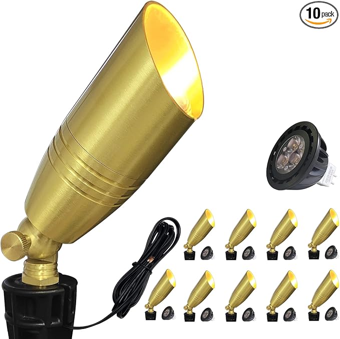 COLOER Die-cast Brass Landscape Spotlight 10-Pack with 5W Aluminum Housing LED MR16 Bulb,12V AC/DC Low Voltage Copper Outdoor Lighting, Directional Garden Patio Spot Up Light (102B Copper Finish)