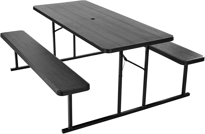 VEVOR Foldable Picnic Table, 6 FT Folding Picnic Tables with Benches, Steel Outdoor Bench Set with Umbrella Hole, Large Outside Dining Table for Patio Garden Yard Poolside (Black)