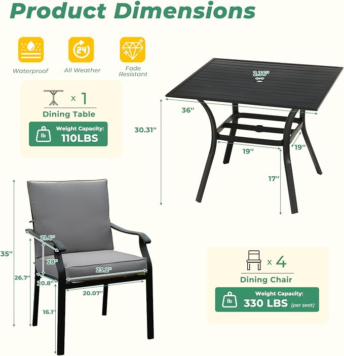 LVUYOYO 5-Piece Outdoor Patio Dining Set, Metal Stackable Chairs & Square Table Set, All-Weather Furniture for Backyard, Garden,Balcony,Porch (Gray)