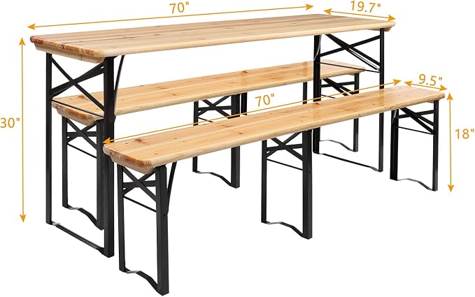 VINGLI 6 Foot Folding Picnic Table with Benches, Weather-Resistant Wood Beer Camping Table w/Carrying Handles, for Family Garden Patio Outdoor Activities Use, at Home and Commercial