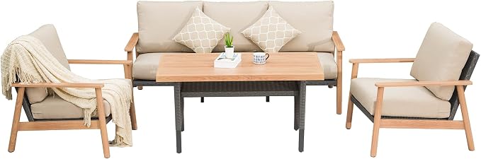 Domi Outdoor Wicker Patio Furniture Sets 4 Pieces, All-Weather Aluminum Rattan Padded Sofa Patio Conversation Sets with 2 Pillows for Porch Deck Garden(Khaki)