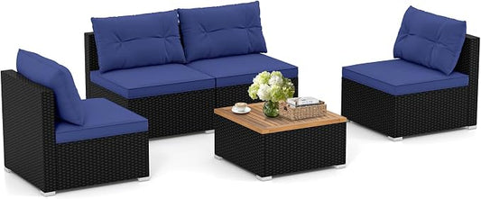RELAX4LIFE 5-Piece Wicker Outdoor Furniture - PE Rattan Sectional Conversation Set w/4 Armless Sofas & Acacia Wood Coffee Table, Cushioned Patio Sofa Set for Garden Poolside Backyard Porch (Navy)