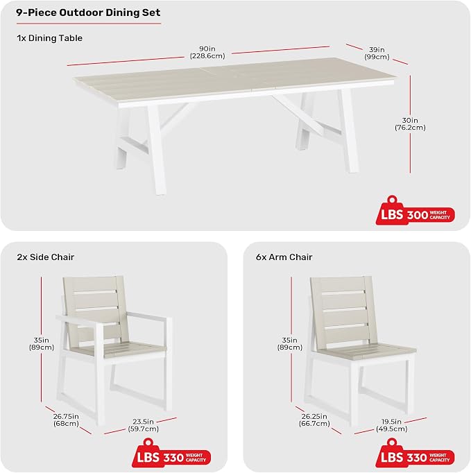 Costaelm Stinson 9-Piece Outdoor HDPE Patio Dining Table Set with Umbrella Hole & Dining Chairs for 8, Sand