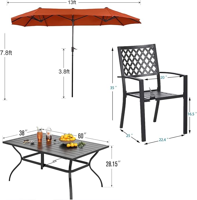 PHI VILLA 8 Pcs Patio Dining Set w/ 13ft Double-Sided Patio Umbrella | Metal Outdoor Table Furniture Set with 6 Outdoor Stackable Chairs, 1 Rectangle Dining Table and 1 Large Umbrella