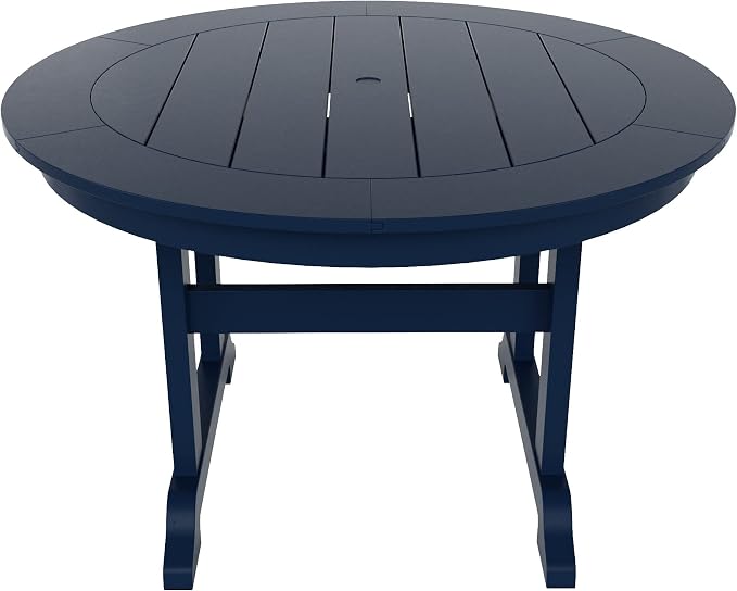 WestinTrends Malibu Patio Dining Table, All Weather Poly Lumber Adirondack 47" Trestle Round Outdoor Table with Umbrella Hole, Navy Blue