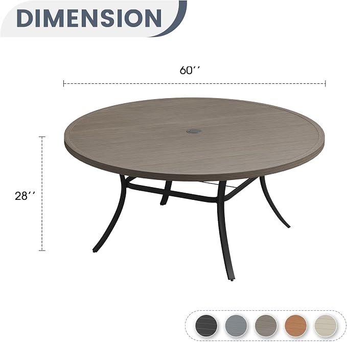 VICLLAX 60" Outdoor Round Patio Dining Table for 8-10, All Weather Metal Dining Table with Umbrella Hole for Deck Lawn Garden Backyard, Grey