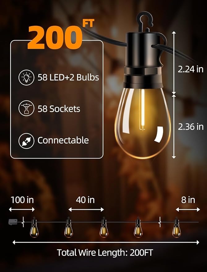 Outdoor Patio String Lights: S14 Shatterproof Bulb Outside Waterproof Light - 200FT 60M Remote Dimmable Connectable Hanging Outdoor Electric Lighting - Garden Backyard Yard Gazebo Porch Party
