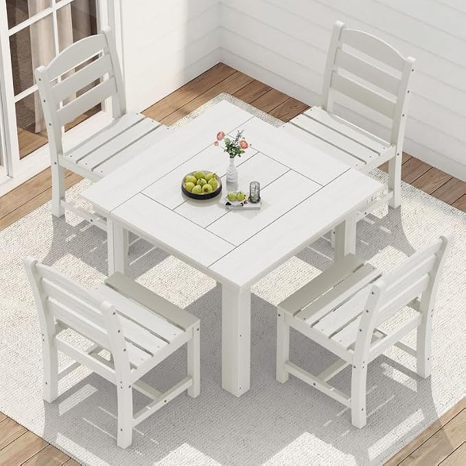 KINGYES 5-Piece HDPE Outdoor Dining Set for 4, Square Patio Table & Armless Chairs with Umbrella Hole, All-Weather Patio Dining Set for Backyard, Garden, Lawn & Poolside, White