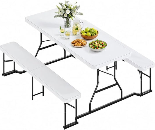 YITAHOME 6ft Folding Picnic Table with Benches, Heavy Duty 6 ft Picnic Tables for Outdoors, Portable Outdoor Table with Center Lock & Non-Slip Feet for Backyard, Camping, Beach, White