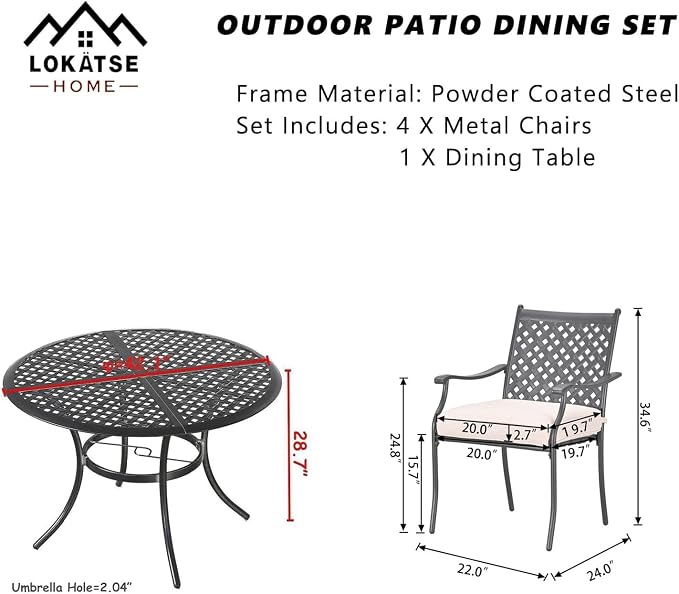 LOKATSE HOME 5-Piece Outdoor Patio Metal Dining Set with Iron Armrest Cushioned Chairs and Steel Round Table with Umbrella Hole, Beige