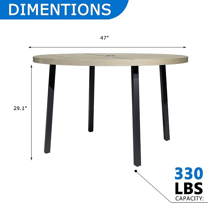 All-Weather 47" Round Outdoor Patio Table for 6, Metal Ivory Dining Table with Adjustable Umbrella Hole, Garden, Backyard & Deck Bistro Table