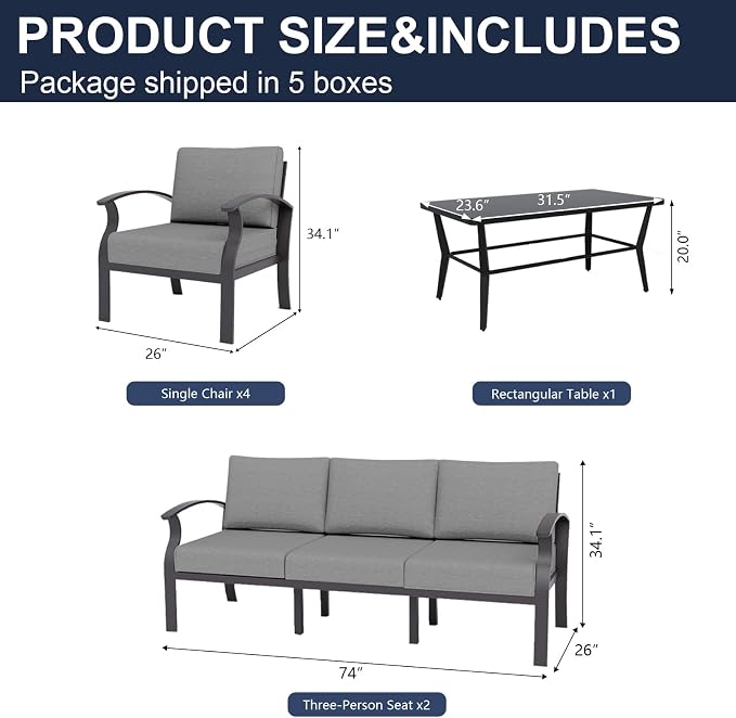 Kurapika Aluminum Patio Furniture Set 10-Seat Modern Metal Outdoor Conversation Sets w/5.1 Inch Cushion Patio Sectional Sofa with Rectangular Coffee Table, Grey