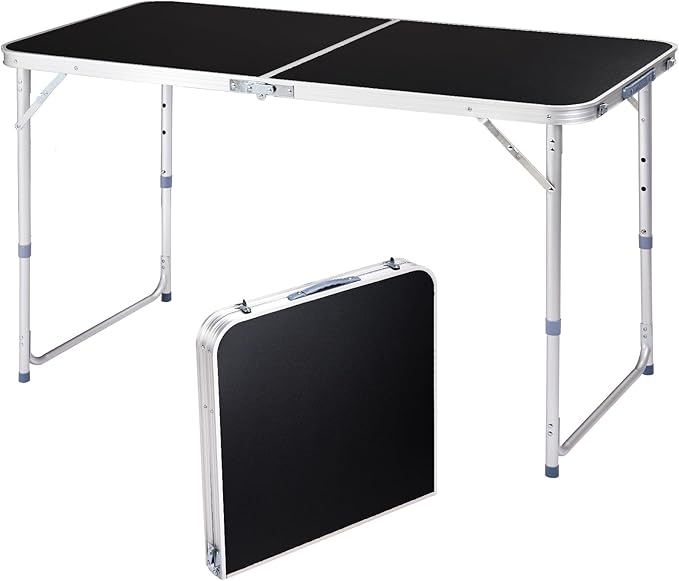 4Ft Folding Table, Portable Aluminum Camping Table with Adjustable Height, Lightweight Foldable Camp Table for Outdoor Picnic BBQ Beach, Black