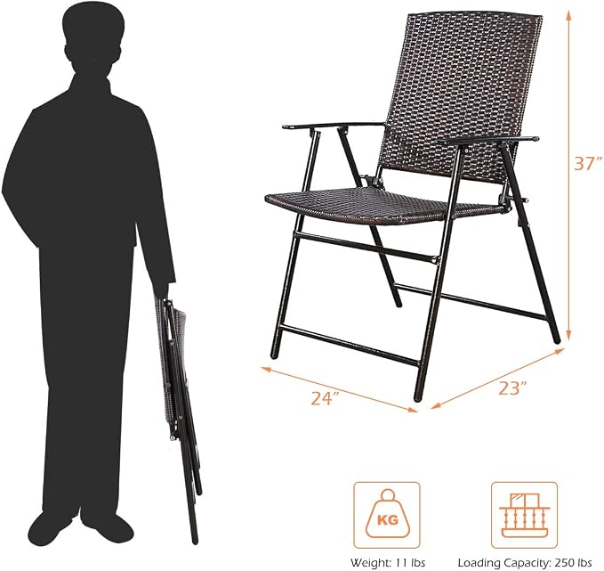 S AFSTAR 5 Pieces Patio Dining Set, 4 Folding Chairs with Table, Portable Wicker Chairs Furniture Set for Outdoor Garden Backyard (4 Chairs w/ 28''H Classic Round Table)