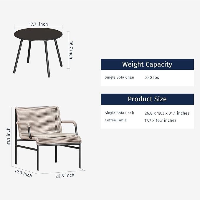 East Oak 3-Piece Patio Furniture Set, Outdoor Bistro Set with PE Rattan Wicker Wide Chairs, Soft Cushions & Coffee Table, Modern All-Weather Wicker Patio Set for Garden and Porch, Creamy Apricot