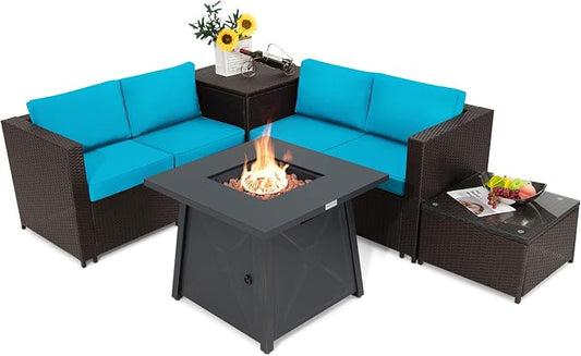 Tangkula 5 Piece Patio Furniture Set with 50,000 BTU Propane Fire Pit Table, Outdoor Wicker Conversation Set w/Cushions, Storage Box and Tempered Glass Coffee Table, 30" Gas Fire Pit Table (Turquoise)