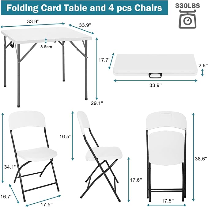 34" Folding Card Table and Chairs, Outdoor Folding Chairs Set of 4, Folding Table with Handle for Parties, Picnic, Event, Indoor Outdoor Activities, at Home and Commercial Use, White