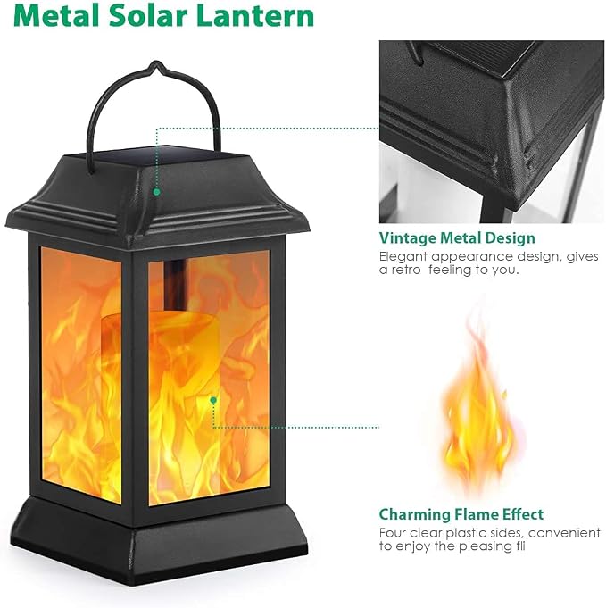 TomCare Flickering Flame Solar Lights Outdoor Metal Hanging Lantern, 2 Pack | Realistic Flame Effect, Charges in 6-8 Hours, 10-12-Hour Runtime, IP65 Waterproof, Auto On/Off for Patio, Garden and Porch