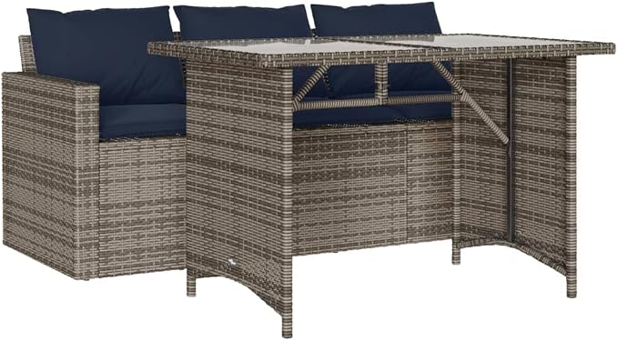 2 Piece Patio Dining Set with Cushions Gray Poly Rattan Outdoor Table and 3-Seater Sofa with Tempered Glass Weather-Resistant Garden Furniture for Backyard Deck Poolside Dining, 242. 5 lb Capacity
