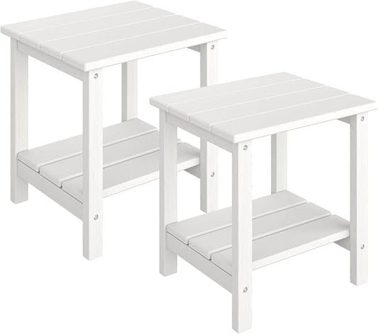 GarveeLife Outdoor Side Table 2-Tier, 18 in HDPE All Weather Resistant Patio Side Tables for Outside, End Table for Patio Pool Deck Indoor Backyard, White-2Pcs