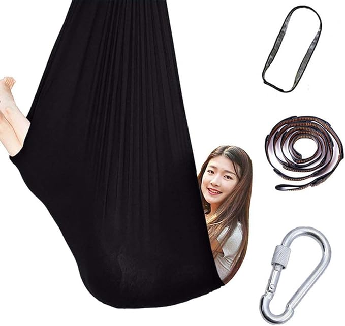 360° Rotating Elastic Aerial Yoga Hammock Outdoor Indoor Swings Aerial Yoga Sensory Therapy Cuddle Swing Soft Elastic Parcel Steady Seat Swing (Color : Black, Size : 100x280cm)