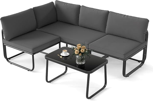 Tangkula 4 Pieces L Shaped Patio Furniture Set, Outdoor Metal Sectional Sofa Couch with Cushions and Tempered Glass Coffee Table, Outside Conversation Set for Garden, Deck and Yard (Gray,2)