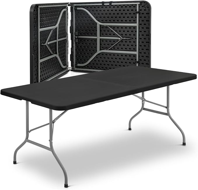 Athena Collection 8ft Folding Table, Lightweight Portable Desk with Handle, Square Foldable Plastic Table for Card Games, Collapsible Dining, Indoor Outdoor Camping Picnic & Party Use, Black
