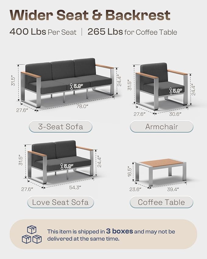 Outdoor Furniture Set, 4 Piece Aluminum Patio Furniture Set with Wide Seat and Thick Cushions, Modern Outdoor Patio Conversation Sets for Deck, Porch (Teak-Charcoal)
