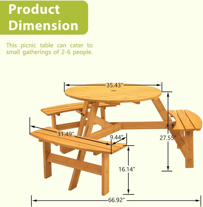 8-Person Round Picnic Table with 4 Built-In Benches & Umbrella Hole, Wooden Picnic Tables for Outdoors, Patio, Backyard, Garden, 66.92"X66.92"X27.55, 2220lb Capacity (Round, Natural, 6-Person)