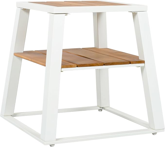 Christopher Knight Home Tova 2-Tier Acacia Wood Outdoor Side Table, Decorative Square Small Accent Table with Slatted Design, Weather Resistant Patio End Table with Iron Frame for Balcony, Teak+White