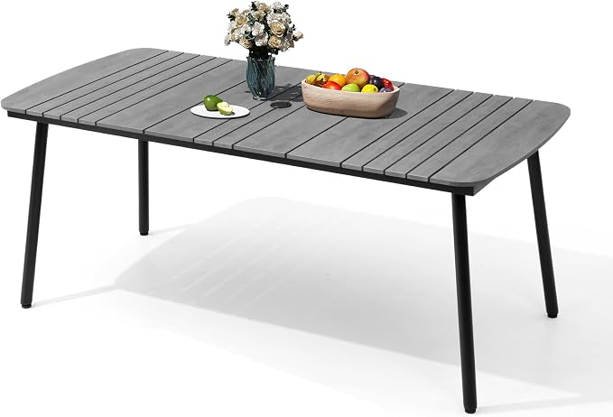 Grey Outdoor Dining Table for 6, 70" Rectangle Patio Table | 1.6" Umbrella Hole with Aluminum Frame and Waterproof Wood Grain Tabletop for Lawn Backyard Garden Poolside