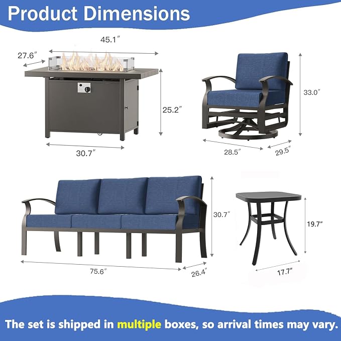 Aluminum Outdoor Patio Furniture Set,5 Pieces 5 Seats Metal Patio Sectional Furniture Set,Patio Conversation Sets with 45" Propane Fire Pit Table,Swivel Rocking Chairs Set,Navy Blue