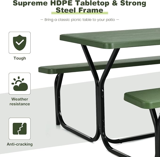 DORTALA Plastic Picnic Table for Outdoors, All Weather Faux Wood Patio Picnic Table Set with Benches for Outdoor, Cafeteria and Commercial, Green