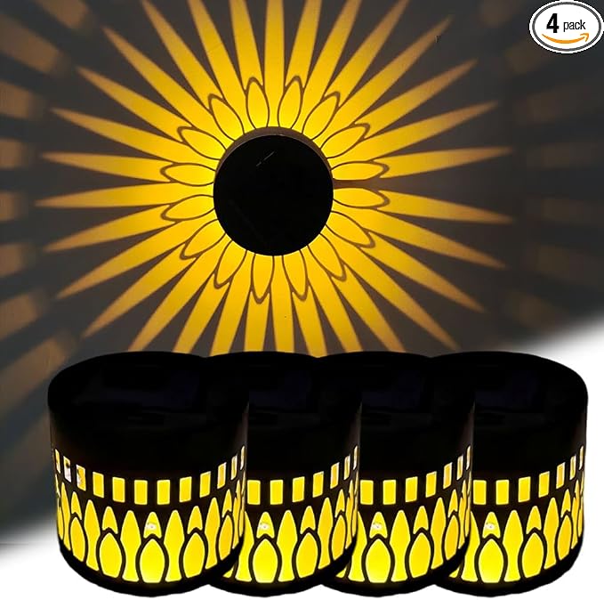 Decorative Solar Mandala Lights, Metal Solar Powered Outdoor Wall Lights Solar Powered Deck Step Stair Light, Waterproof Mandalas Fence Light for Garden Yard Backyard Post Patio Decor (4, Sunflower)
