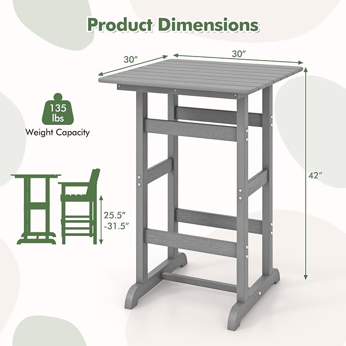 Giantex 42" Height Outdoor Tall Bar Table, HDPE Square Pub Tables with Wood Grains, High Top, Cocktail Bistro Table for Adirondack Chairs, Patio, Garden, Poolside, Yard, Balcony, Grey