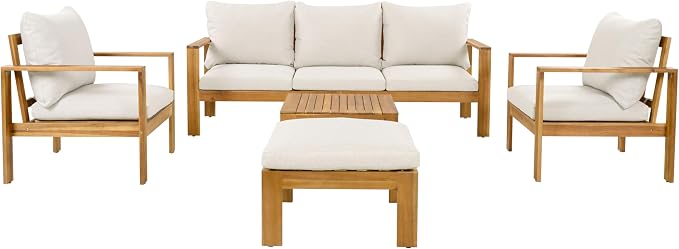 Outdoor 5pcs Acacia Wood Sectional Sofa Set, All-Weather Conversation Set with Coffee Table and Removable Cushion, Patio Seating for Garden Backyard Poolside Balcony